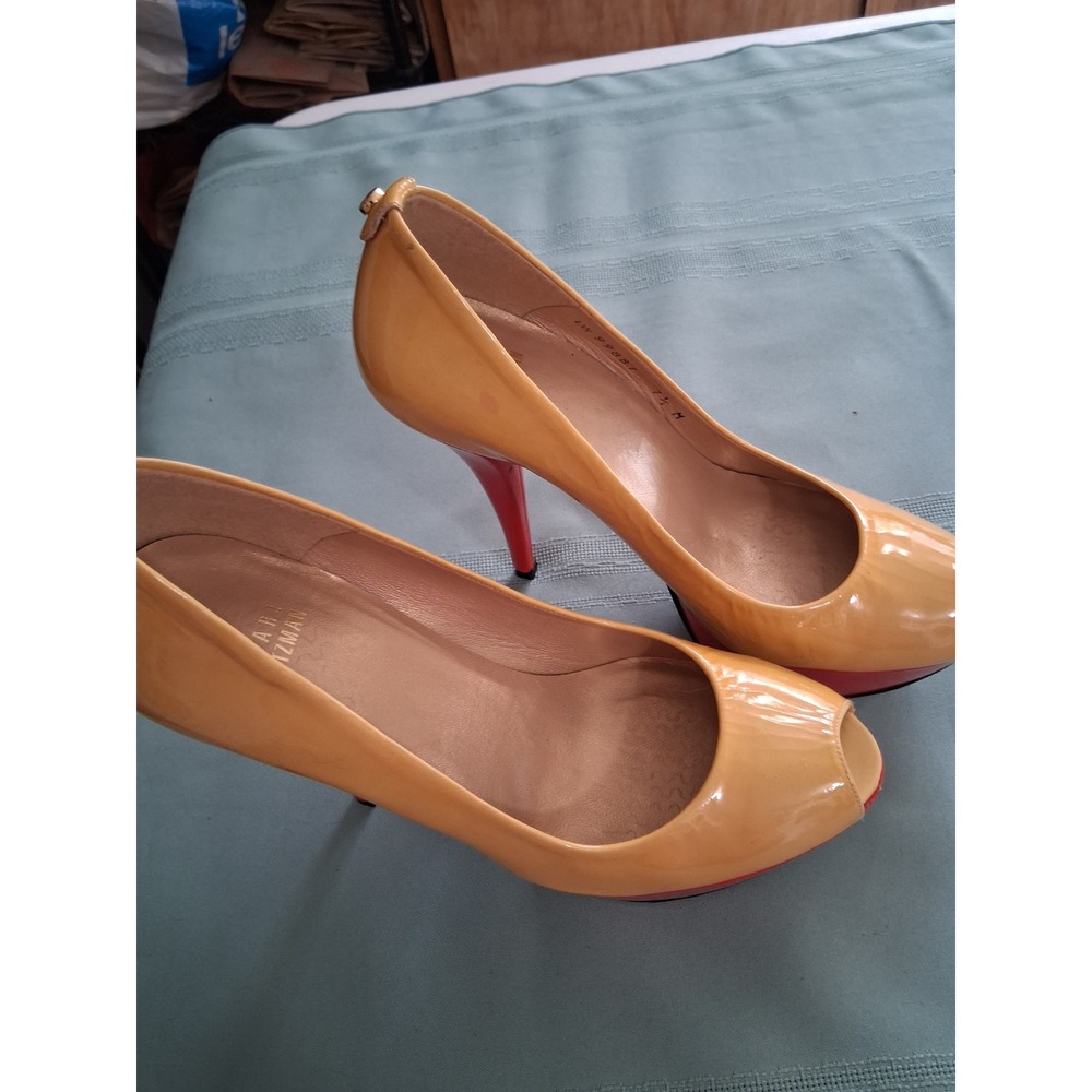 Stuart Weitzman LW 99887 Yellow Red Patent Peep Toe Platform Pumps 7.5M